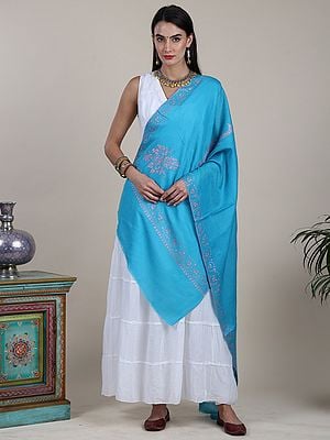 Blue-Mist Diamond Weave Hand-Embroidered Sozni Stole With Floral Vine Pattern Broad Border And Bold Motif