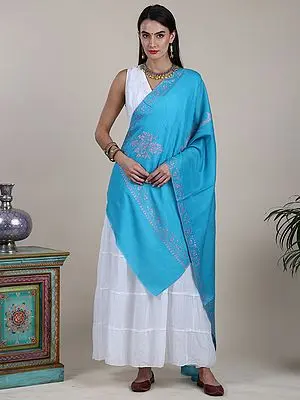 Diamond Weaved Blue-Mist Woolen Stole with Hashi Dar Sozni Embroidery