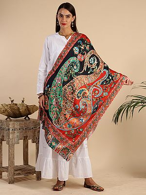 Silk Wool Multicolor Bold Floral-Paisley Digital Print With Manual Embroidered Kalamkari Kani Stole