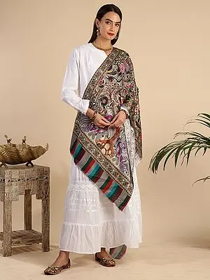 Chateau-Gray Silk Wool Kalamkari Kani Kalpvriksh-Mor Motif Digital Print with Manual Embroidered Stole