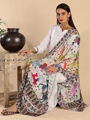 Light-Gray Manual Embroidered Multicolor Animal Digital Printed Silk Wool Kalamkari Stole