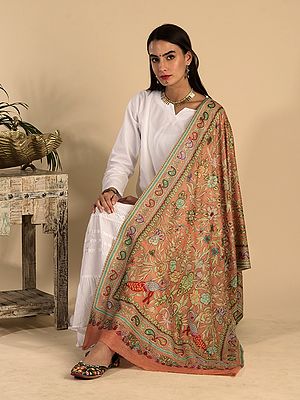 Fine Wool Kalamkari Stole with Peacock-Floral Vine Digital Print and Manual Embroidery on All-Over