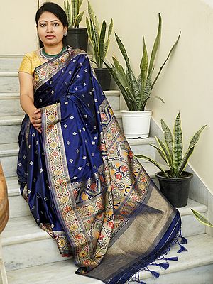 Banarasi Satin Silk Butta Motif Saree With Patola Design Border And Tassel Pallu
