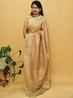 Lily-Green Tanchui Silk All-Over Meena Phool Jaal Motif Banarasi Saree With Mughal Motif Pallu