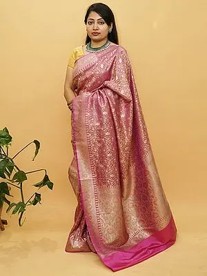 Fuchsia-Purple Banarasi Tanchui Silk Floral Vine Pattern Saree With All-Over Meena Work