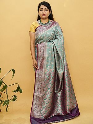 Blue-Radiance Tanchui Silk Kalka Meena Jaal Pattern Banarasi Saree With Ogee Motif Pallu