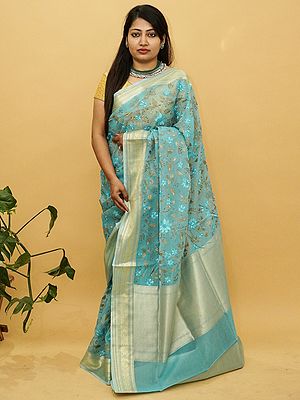 Organza Silk Phool Bail Pattern Banarasi Saree With Chevron Motif Pallu