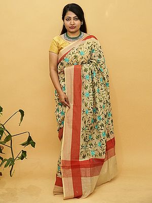 Banarasi Organza Silk Susan Floral Vine Motif Saree With Stripe Pattern Border
