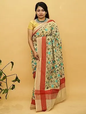 Banarasi Organza Silk Saree with Susan Floral Vine Motif & Stripe Pattern Border