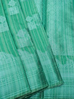 Cotton Zari Butta Banarasi Saree With Paisley Motif In Quatrefoil Pattern On Border