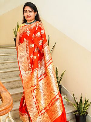 Tangerine-Tango Katan-Satin Silk Banarasi Floral Brocade Zari Butta Saree With Tree Motif Pallu And Bail Pattern Border