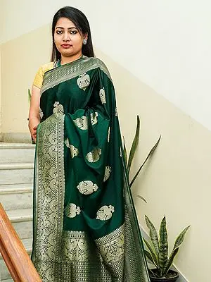 Botanical-Garden Katan-Satin Silk Banarasi Iruthalai Pakshi Motif Saree With Bird-Animal Pattern On Border-Pallu