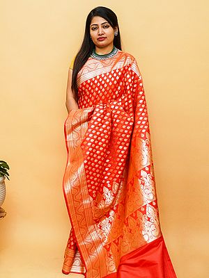 Banarasi Spade Motif Satin Japani Silk Saree With Mango Butta Pallu And All-Over Jacquard Work
