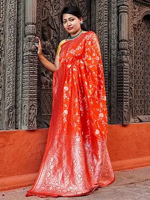 Tangerine-Tango Banarasi Floral Jaal Pattern Pashmina Silk Saree With Mughal Motif Tassel Pallu