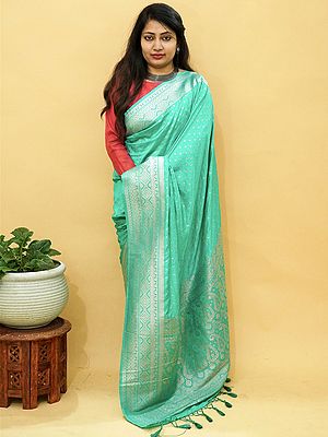 Banarasi Pashmina Silk Saree – Brocade Butti Weave with Mango Pattern Tassel Pallu