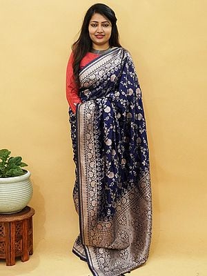 Banarasi Floral Jaal Pattern Pashmina Silk Saree With Mughal Motif Tassel Pallu