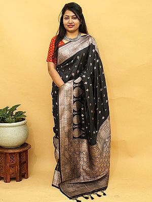 Banarasi Pashmina Silk Zari Brocade Butidar Saree With Tassel Pallu