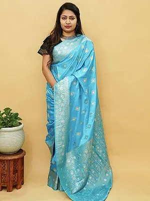 Banarasi Satin Silk Saree – Floral Jacquard Silver Butta with Mughal Motif Pallu