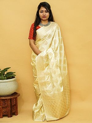 Banarasi Satin Silk Saree – Mughal Pattern Weave with Elegant Vine Border