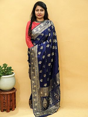 Banarasi Satin Silk Jacquard Zari Work Saree With All-Over Floral Pattern