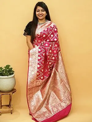 Pink-Peacock Banarasi Katan Satin Silk Saree – Exquisite Jacquard Zari Weave with All-Over Floral Design