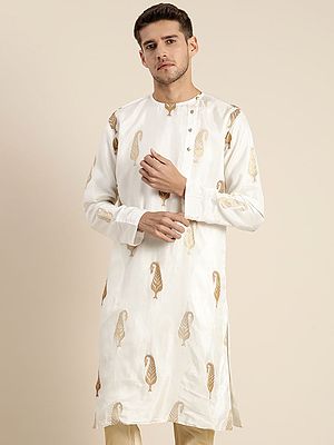 White Silk Blend Mango Motif Round Neck Kurta