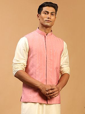 Pink Cotton Blend Sequins Stripe Pattern Nehru Jacket