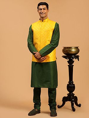 Silk Blend Plain Kurta Pajama With Sequins Work Nehru Jacket