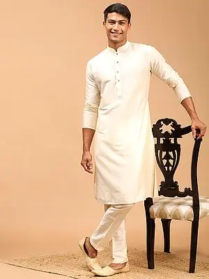 Cream Viscose Plain Kurta with Pant Style Pajama