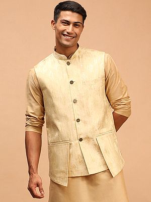 Silk Blend Double Flap Pocket Style Floral Paisley Motif Nehru Jacket