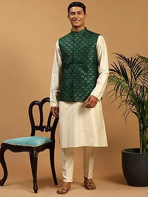 Cream Cotton Blend Kurta Pajama with Sequins Work Silk Blend Green Nehru Jacket