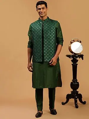 Green Silk Blend Plain Kurta Pajama With Floral Butta Sequins Work Nehru Jacket