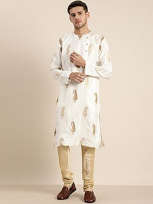 Silk Blend Mango Motif White Kurta And Golden Churidar Pajama