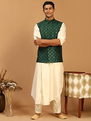Cotton Blend Draped Style Cream Kurta Pajama With Sequins Work Silk Blend Nehru Jacket