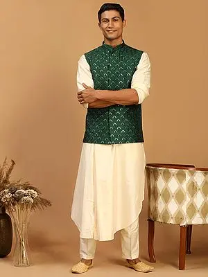 Cotton Blend Draped Style Cream Kurta Pajama with Sequins Work Silk Blend Nehru Jacket