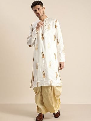 Silk Blend White Kalka Motif Kurta And Patiala Style Golden Dhoti