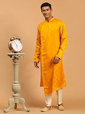 Yellow Viscose Blend Angrakha Style Kurta Pajama