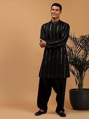 Viscose Mirror Striped Embroidered Kurta With Patiala Set For Men's