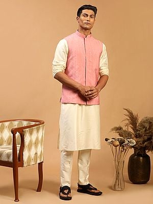 Viscose Cream Kurta With Pant Style Pajama And Sequins Embroidery Cotton Blend Pink Nehru Jacket
