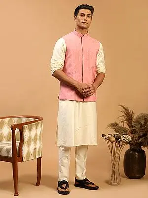 Viscose Cream Kurta with Pant Style Pajama and Sequins Embroidery Cotton Blend Pink Nehru Jacket