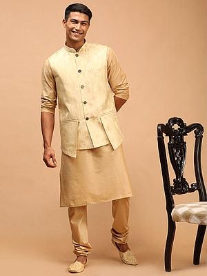 Viscose Kurta Pajama with Silk Blend Double Flap Pocket Style Floral Butta Nehru Jacket