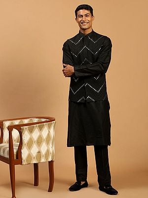 Viscose Kurta Pajama and Mirror Embroidered Chevron Pattern Jacket