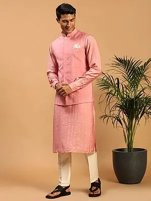 Cotton Blend Stripe Pattern Sequins Work Pink Kurta & Jacket with Viscose Pant Style Cream Pajama