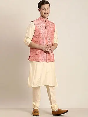 Viscose Cream Kurta Pajama With Mirror Embroidered Silk BlendOnion Pink  Nehru Jacket