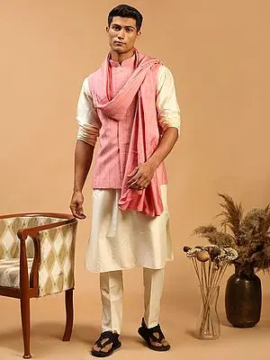 Viscose Cream Kurta Pajama With Sequins Work Cotton Blend Pink Nehru Jacket And Dupatta