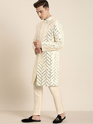 Cream Silk Blend Indo-western Mirror Work Sherwani with Viscose Blend Pant Style Pajama