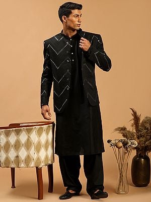 Black Viscose Plain Kurta With Patiala Pant And Viscose Mirror Work Chevron Pattern Jodhpuri Coat
