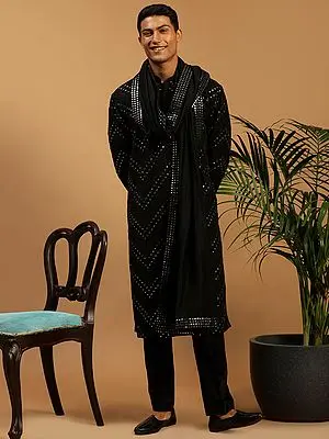 Georgette Zig-Zag Motif Mirror Embroidered Kurta with Pajama & Dupatta