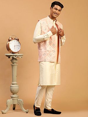 Viscose Front Open Kurta With Pant Style Pajama And Chowkadi Motif Thread-Mirror Embroidered Nehru Jacket