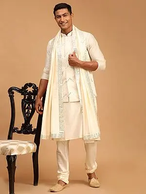 Cream Viscose Plain Kurta Pajama With Mirror Work Jacket & Dupatta